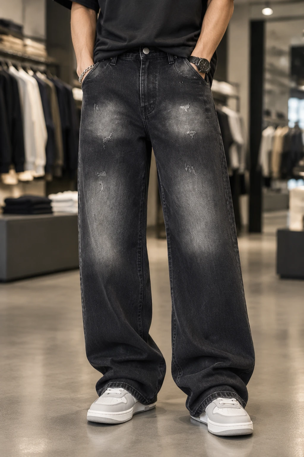 شلوار جین مردانه بگ با هایلایت ران Thigh Fade Wide Jeans یومد
