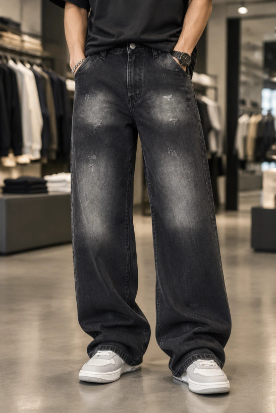 شلوار جین مردانه بگ با هایلایت ران Thigh Fade Wide Jeans یومد