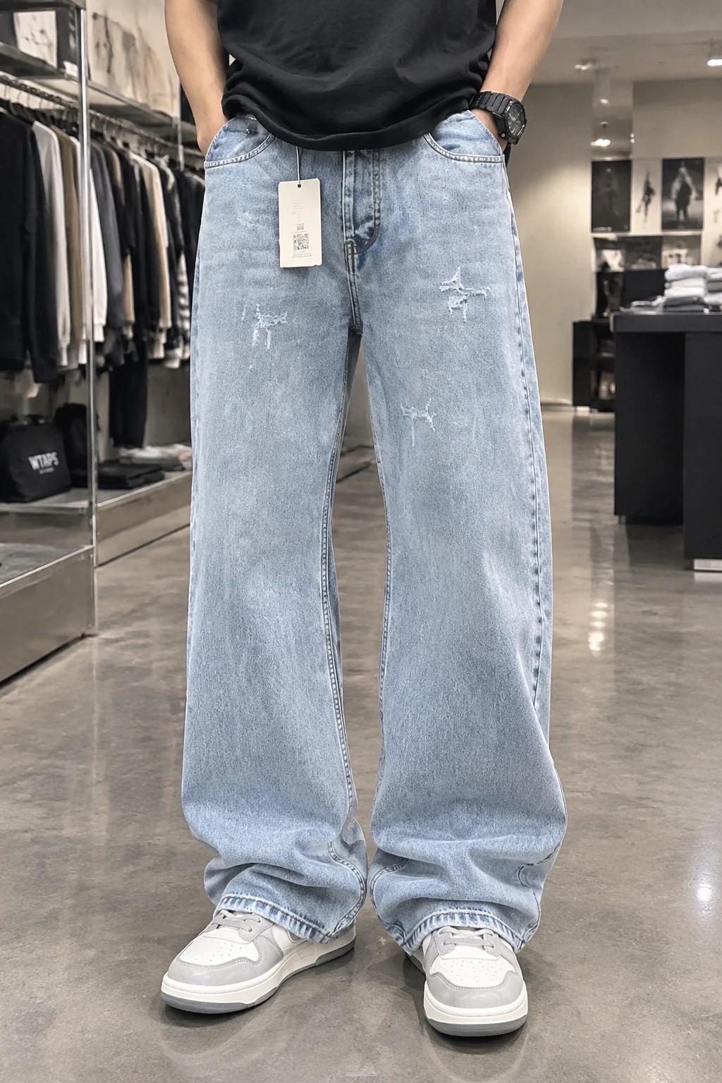 شلوار نیم بگ مردانه Y2K آبی روشن یو مد | Umod Streetwear Washed Jeans