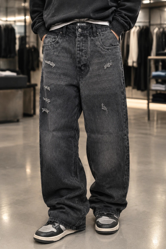 شلوار نیم بگ مردانه مدل Y2K مشکی سایه دار | umod Washed Black Jeans