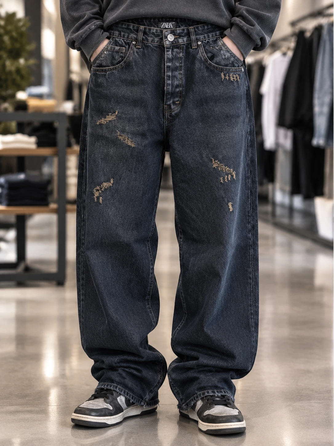 جین بگ مردانه آبی تیره زاپدار | Umod Distressed Wide Leg Denim