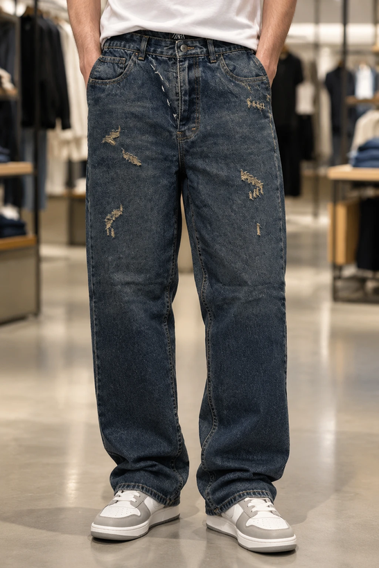 شلوار جین بگ مردانه زاپدار ایندیگو برند یو مد | Umod Oversize Washed Jeans