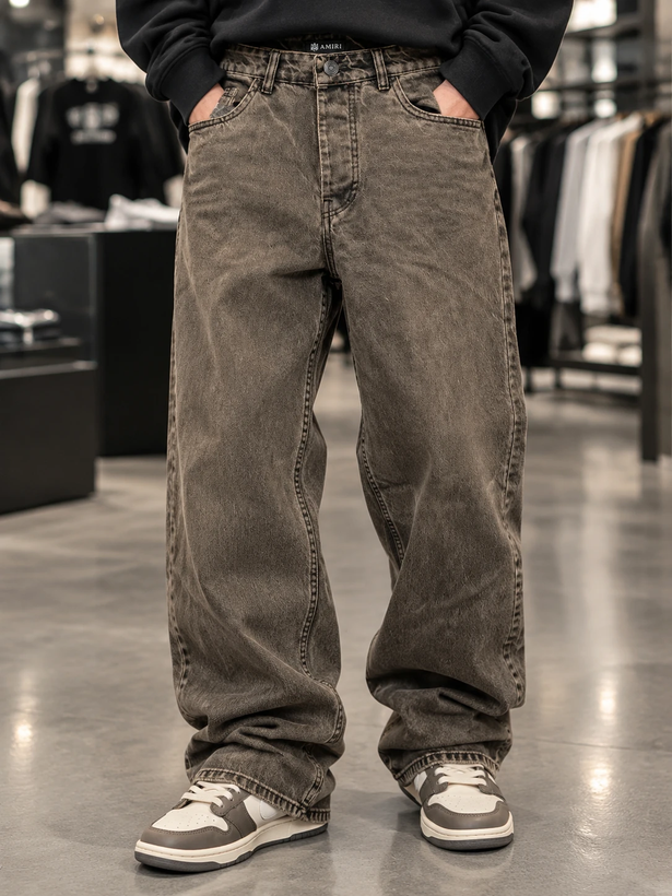 شلوار جین بگ مردانه قهوهای دودی برند یو مد | Umod Acid Wash Denim