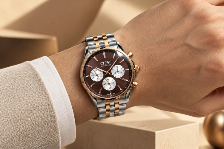ساعت مچی مردانه کرست کروگراف دورنگ نقرهای و رزگلد صفحه قهوه ای | Crest Chronograph Watch
