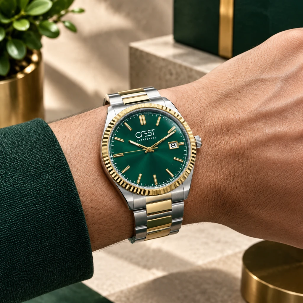 ساعت مچی مردانه کرست آوانگارد دورنگ نقره‌ای و طلا‌یی صفحه سبز تاریخ‌دار | Crest Avantgarde Green Dial Watch