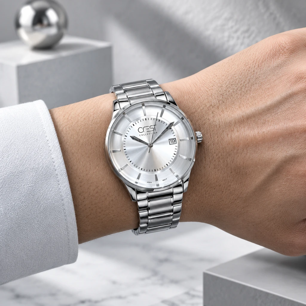 ساعت مچی مردانه کرست کلاسیک تمام‌استیل نقره‌ای صفحه نقره‌ای تاریخ‌دار | Crest Silver Watch