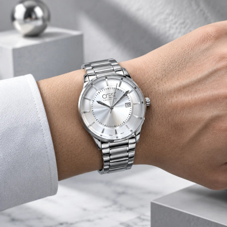 ساعت مچی مردانه کرست کلاسیک تماماستیل نقرهای صفحه نقرهای تاریخدار | Crest Silver Watch