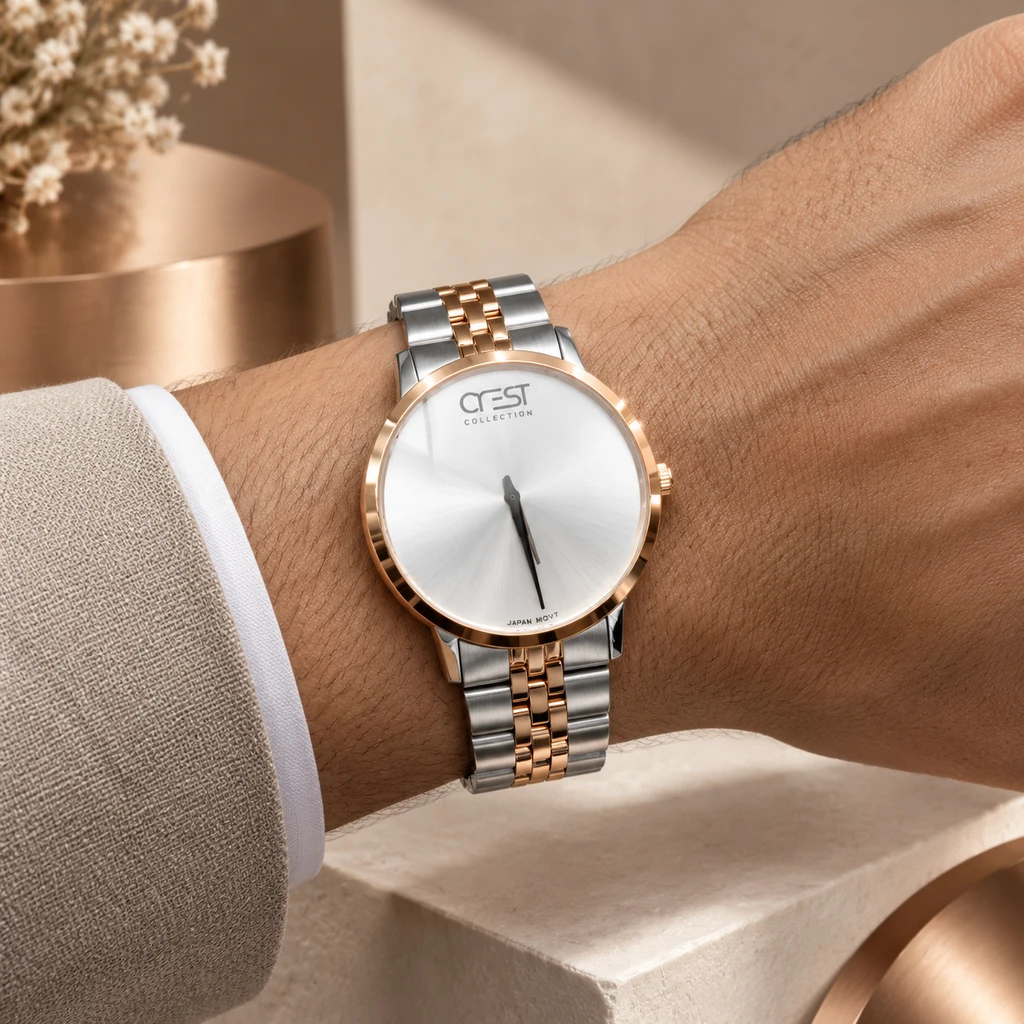 ساعت مچی مردانه کرست مینیمال دورنگ نقره‌ای و رزگلد صفحه ساده نقره‌ای | Crest Minimal Watch