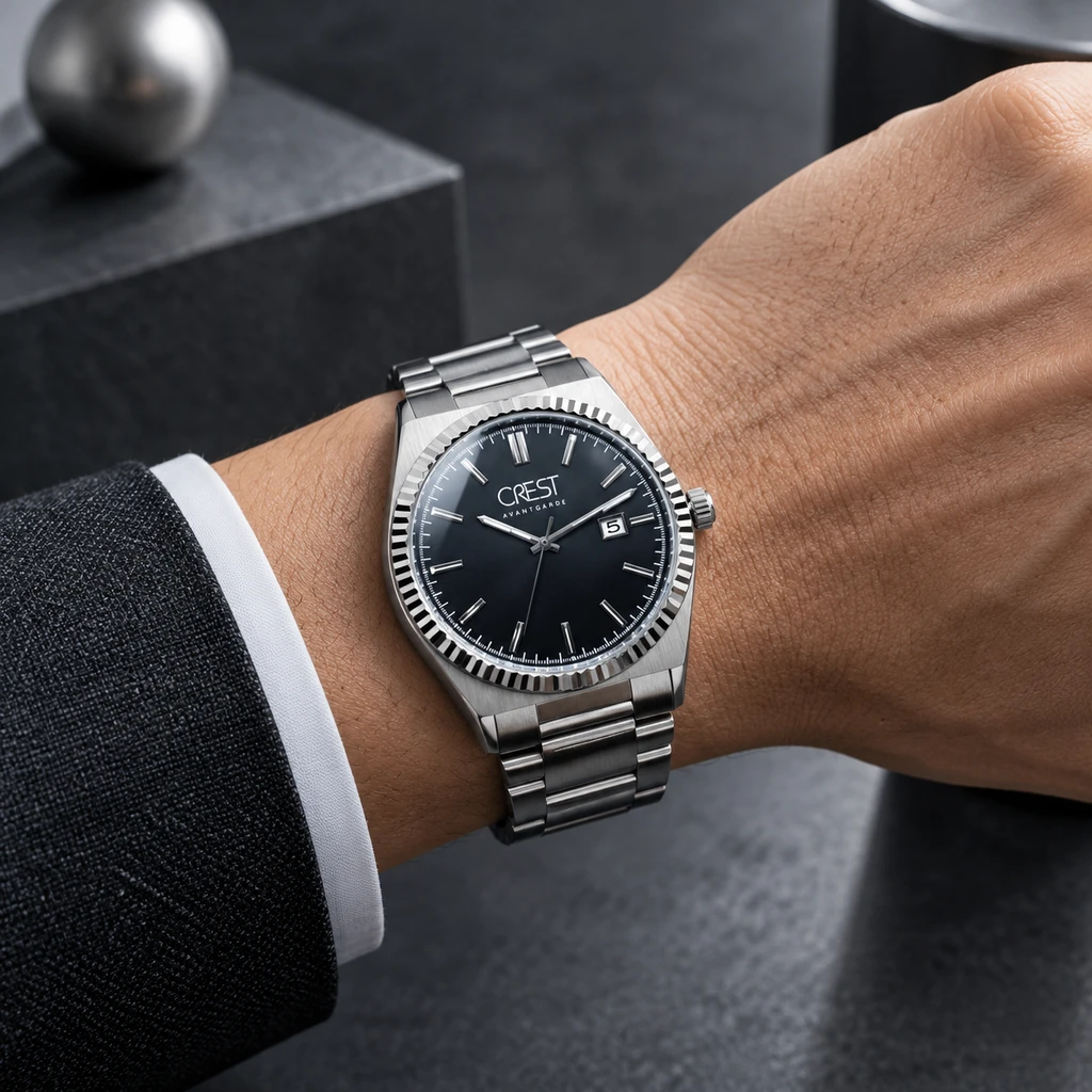 ساعت مچی مردانه کرست مدل فلوتد آوانگارد تمام‌استیل صفحه مشکی تاریخ‌دار | Crest Avantgarde Black Dial Watch
