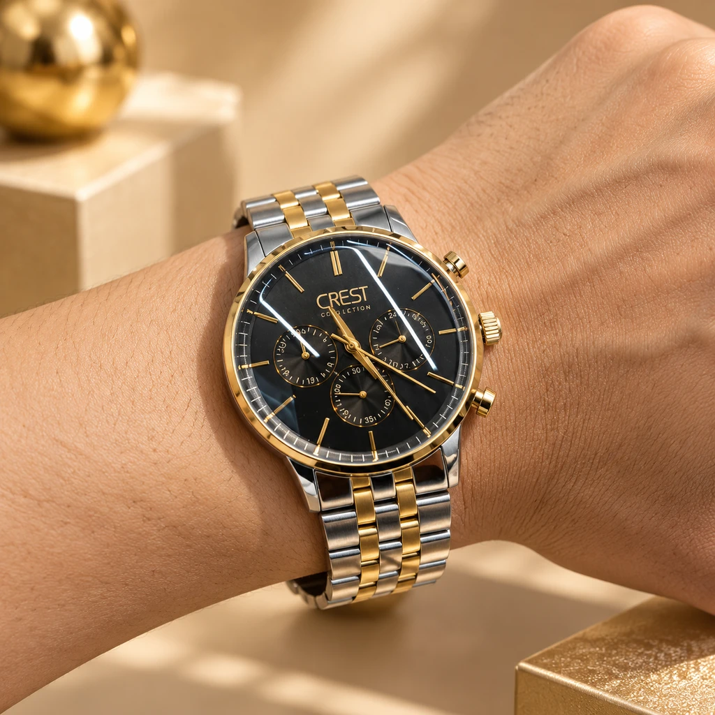 ساعت مچی مردانه کرست کرونوگراف دورنگ نقره‌ای و طلایی صفحه مشکی | Crest Chronograph Watch