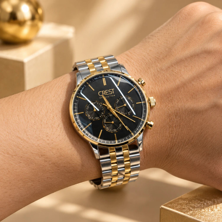 ساعت مچی مردانه کرست کرونوگراف دورنگ نقرهای و طلایی صفحه مشکی | Crest Chronograph Watch