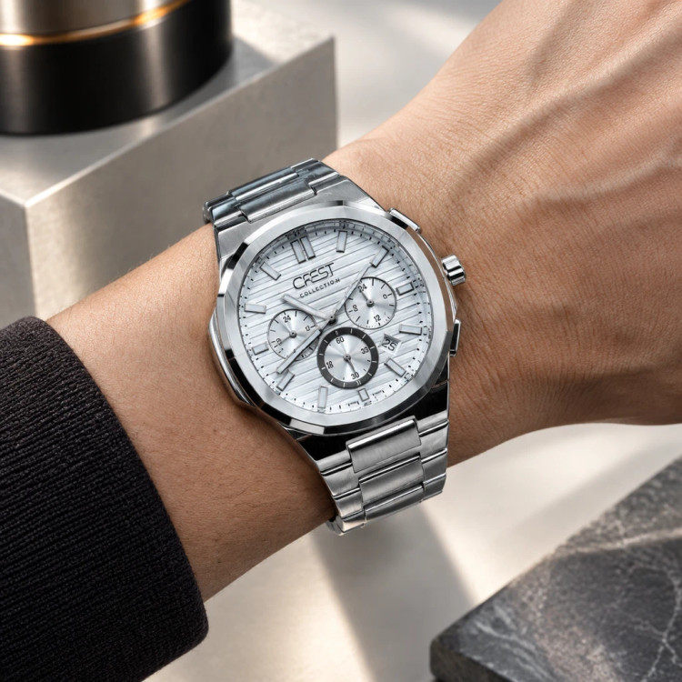 ساعت مچی مردانه کرست اسپرت کرونوگراف تماماستیل صفحه نقرهای طرحدار تاریخدار | Crest Chronograph Silver Watch