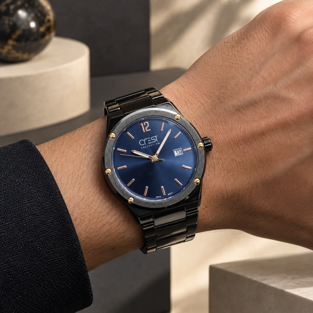 ساعت مچی مردانه کرست تمام‌مشکی استیل صفحه سرمه‌ای تاریخ‌دار | Crest Black Stainless Steel Watch