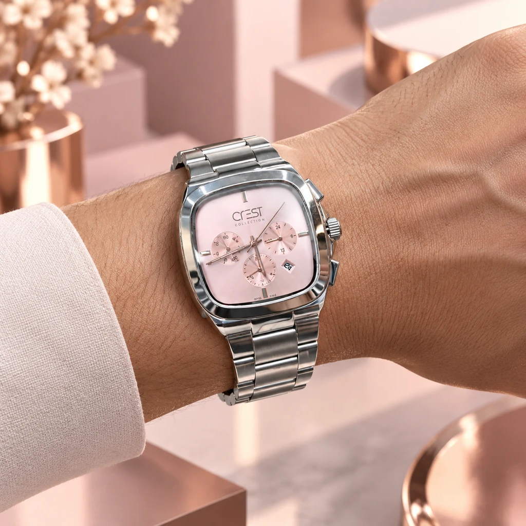 ساعت مچی مردانه کرست قاب مربعی اسپرت کرونوگراف تمام‌استیل صفحه صورتی روشن | Crest Square Chronograph Watch