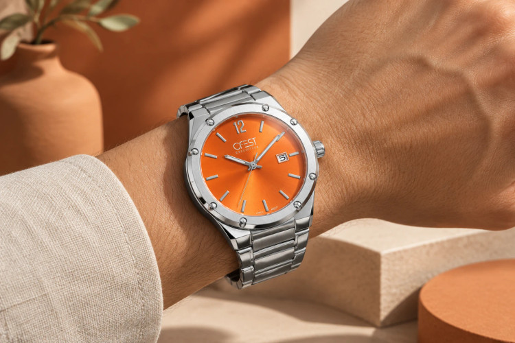ساعت مچی مردانه کرست تماماستیل صفحه نارنجی تاریخدار | Crest Orange Dial Watch
