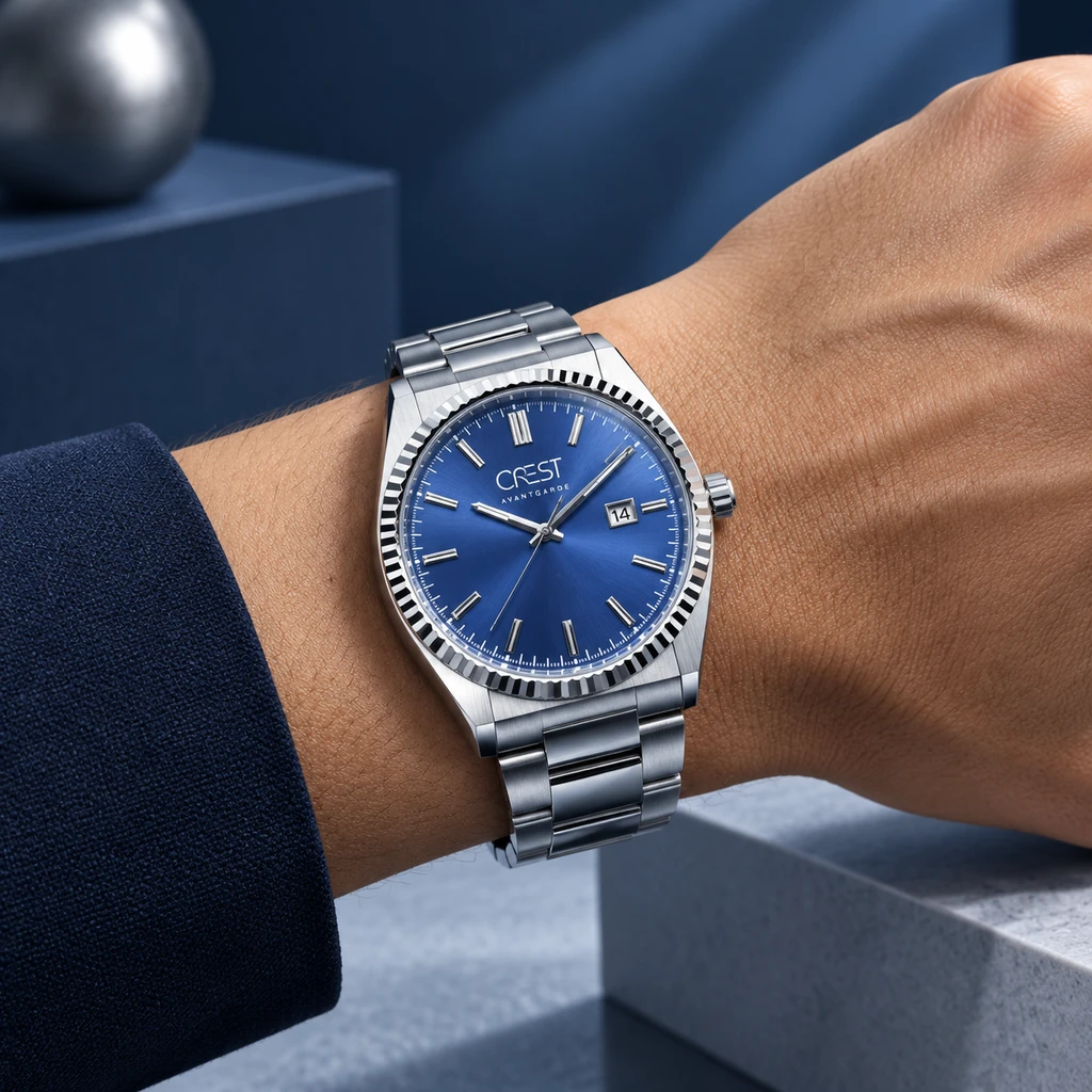 ساعت مچی مردانه کرست مدل فلوتد آوانگارد تمام‌استیل صفحه آبی تاریخ‌دار | Crest Avantgarde Blue Dial Watch