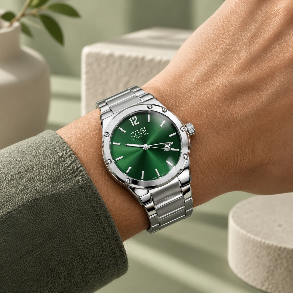 ساعت مچی مردانه کرست تمام‌استیل صفحه سبز تاریخ‌دار | Crest Green Dial Watch