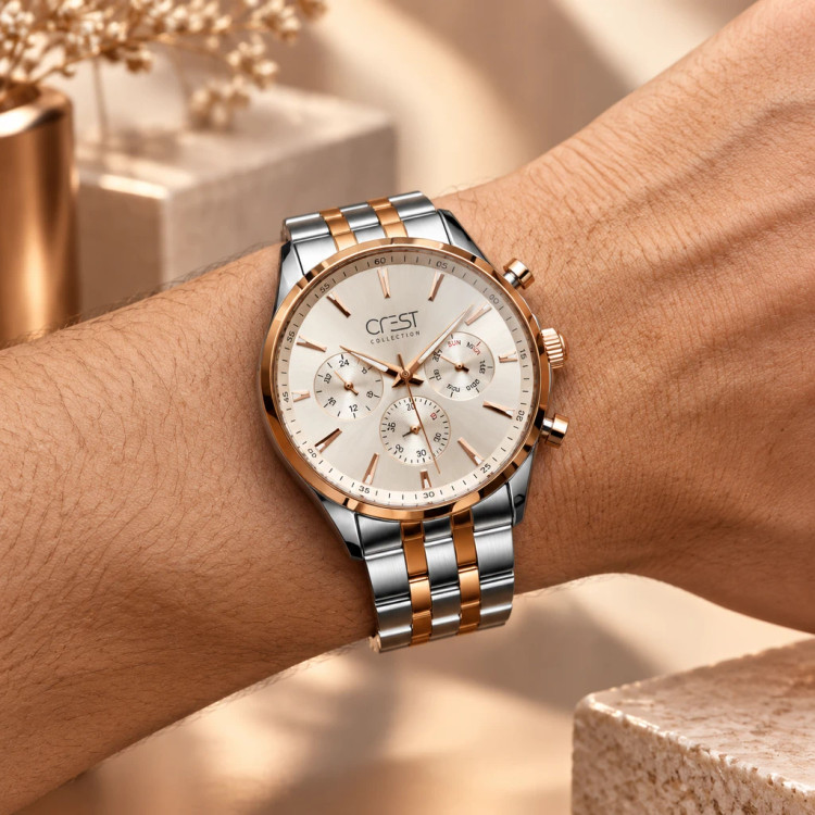 ساعت مچی مردانه کرست کرونوگراف دورنگ نقرهای و رزگلد صفحه سفید | Crest Chronograph Two-Tone Watch