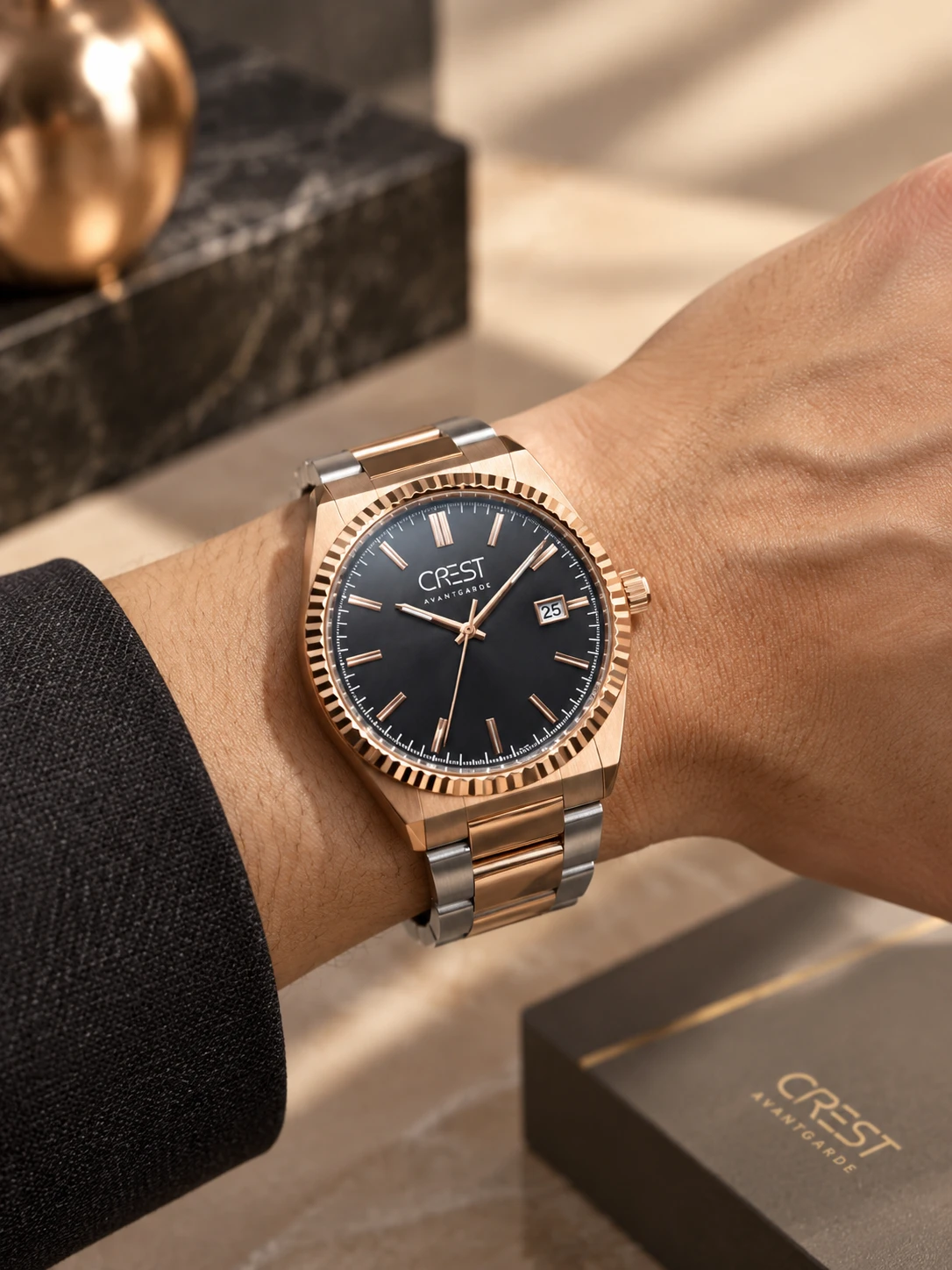 ساعت مچی مردانه کرست مدل فلوتد آوانگارد دورنگ نقره‌ای و رزگلد صفحه مشکی | Crest Avantgarde Watch