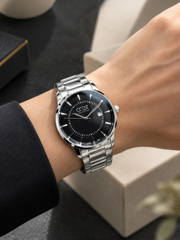 ساعت مچی مردانه کرست تماماستیل صفحه مشکی تاریخدار | Crest Black Dial Silver Watch