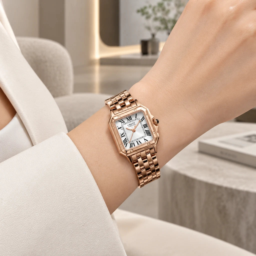 ساعت مچی زنانه کرست قاب مربعی رزگلد صفحه سفید اعداد رومی | Crest Square Watch