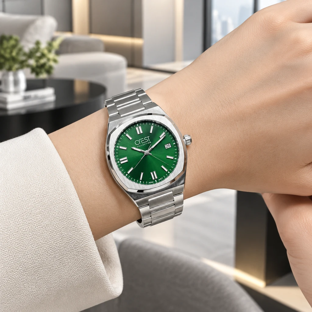 ساعت مچی زنانه کرست تمام‌استیل صفحه سبز تاریخ‌دار | Crest Green Dial Watch