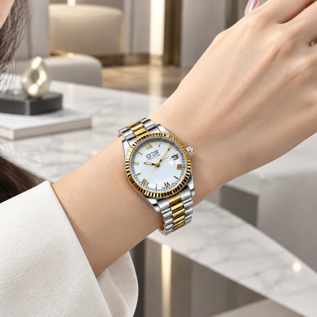 ساعت مچی زنانه کرست فلوتد دورنگ نقره‌ای و طلا صفحه سفید اعداد رومی | Crest Two-Tone Watch