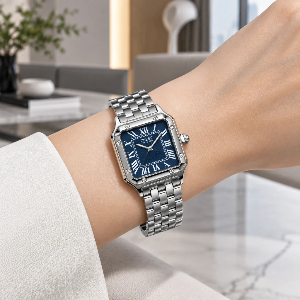ساعت مچی زنانه کرست مربعی تمام‌استیل صفحه سرمه‌ای با اعداد رومی | Crest Square Watch