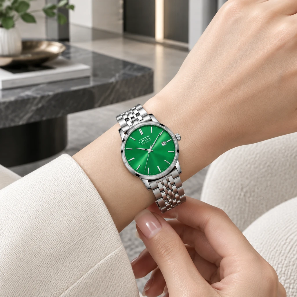 ساعت مچی زنانه کرست کلاسیک تمام‌استیل صفحه سبز براق تاریخ‌دار | Crest Women’s Watch