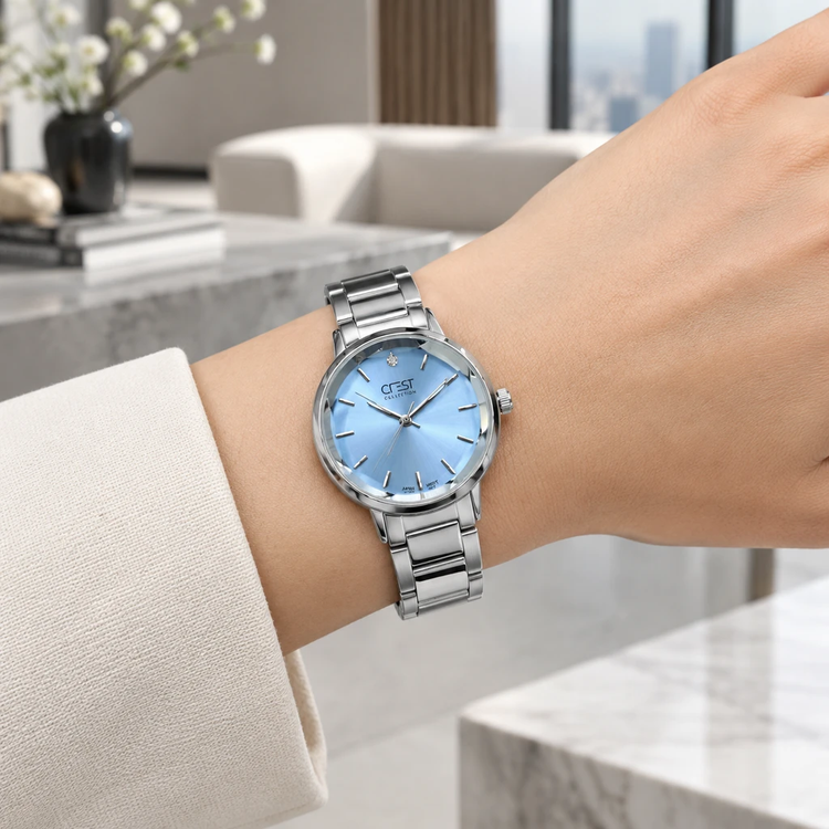 ساعت مچی زنانه کرست تماماستیل صفحه آبی آسمانی نگیندار | Crest Blue Dial Watch