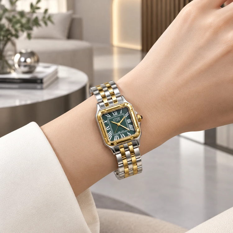 ساعت مچی زنانه کرست مربعی دورنگ نقرهای و طلا صفحه سبز اعداد رومی | Crest Collection