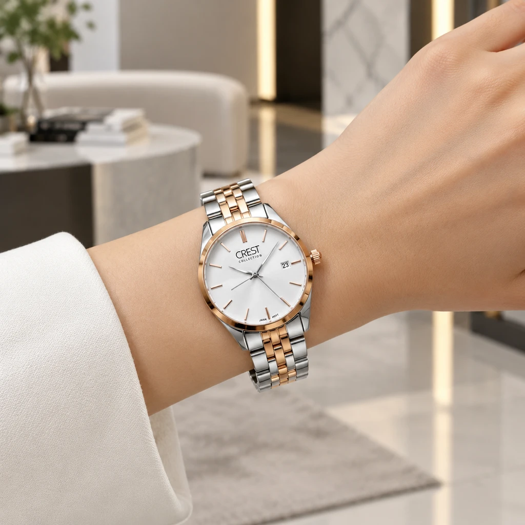 ساعت مچی زنانه کرست دورنگ نقره‌ای و رزگلد صفحه سفید تاریخ‌دار | Crest Collection